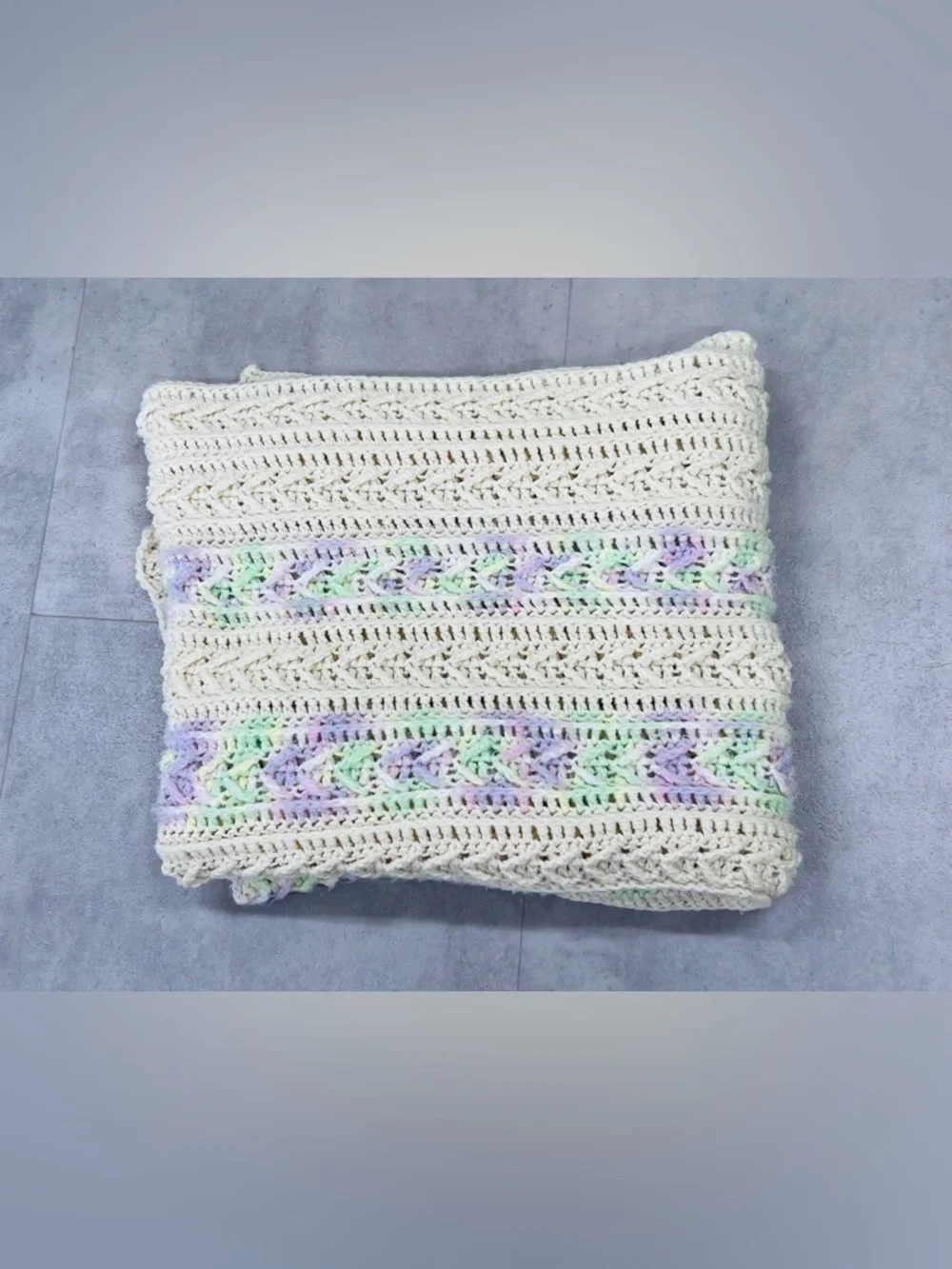 Vintage Handmade‎ Crochet Afghan Blanket 80X34 Granny Square Throw White Purple